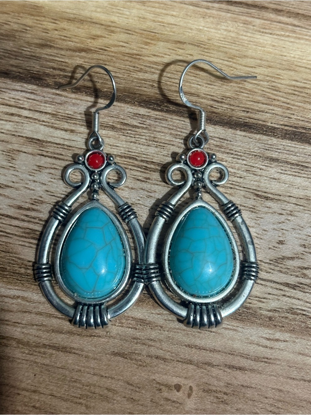 Turquoise Teardrop Silver Earrings with Red Accent
